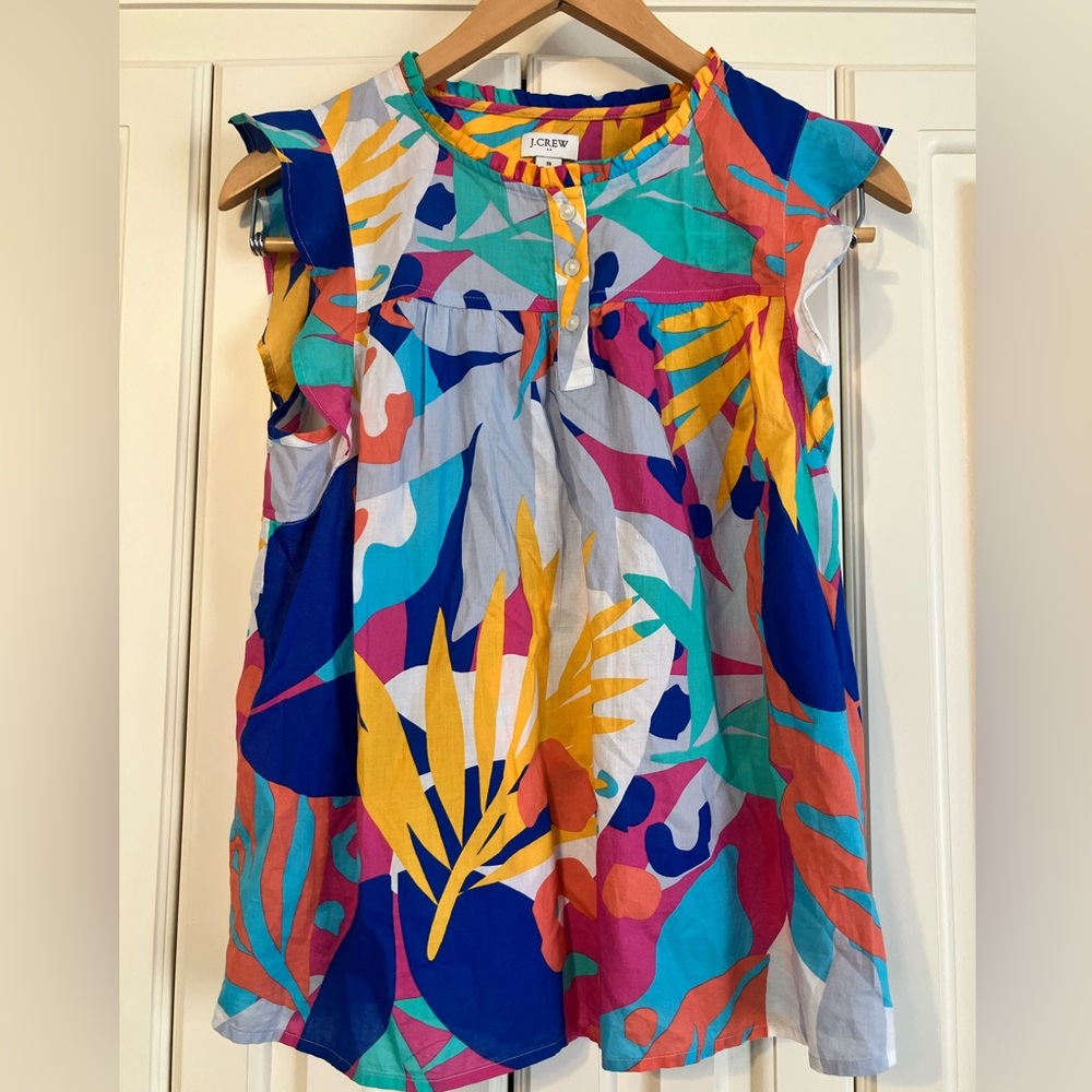 J.‎ Crew Multicolor Tropical Print Quarter Button Up Cotton Tunic Blouse Small
